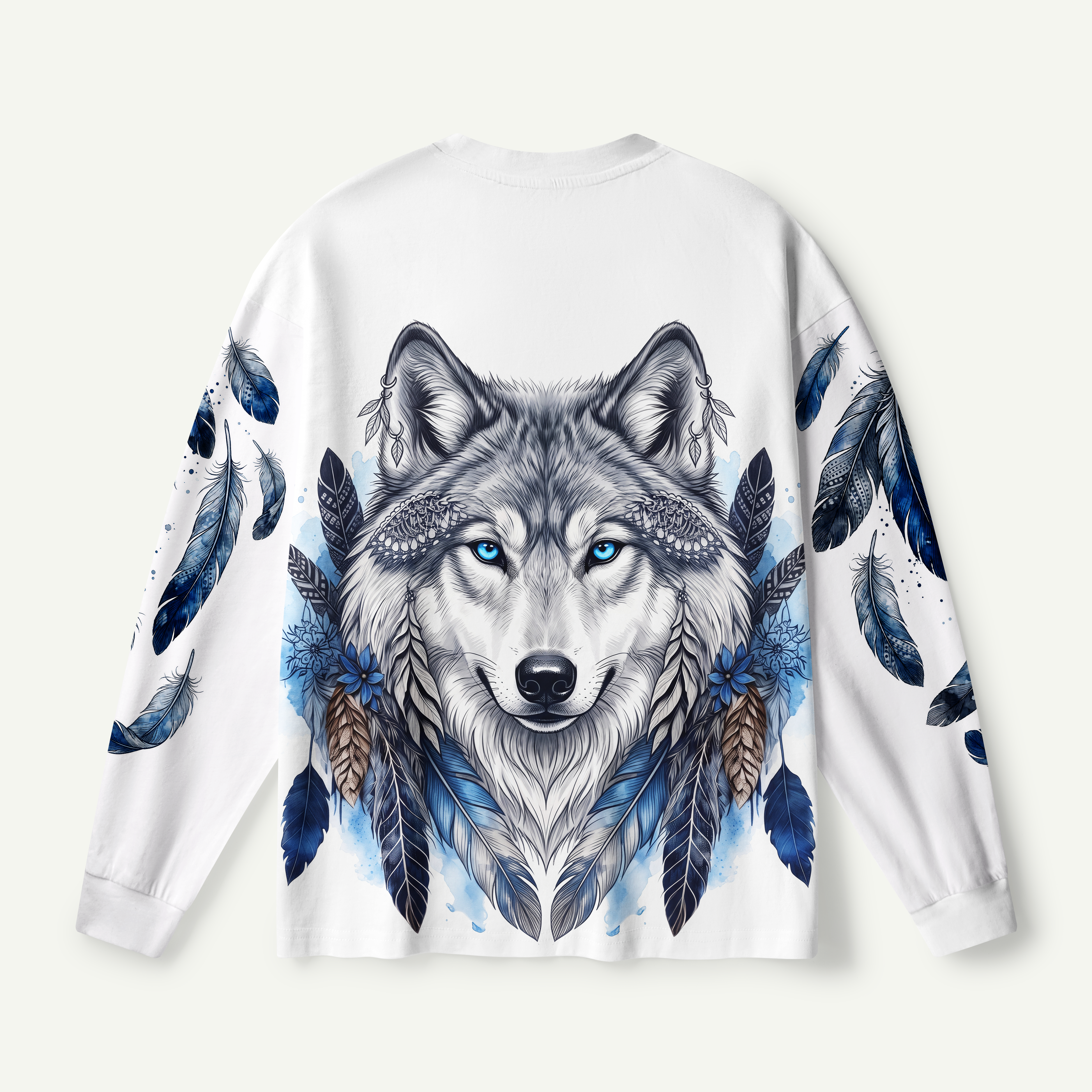 Blue Feather Wolf Spirit Portrait Premium Pure Cotton Long Sleeves