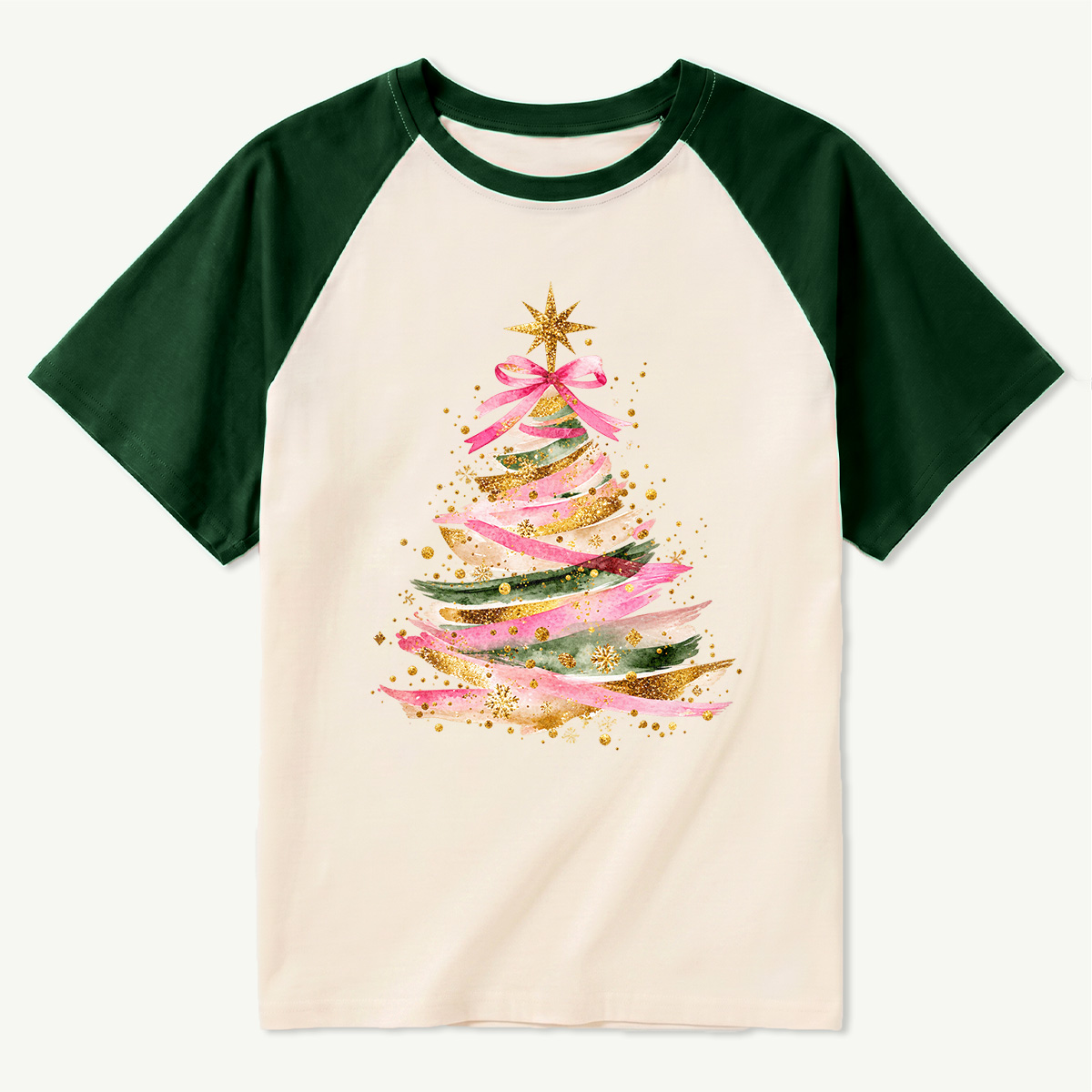 Pastel Ribbon Christmas Tree With Golden Star Raglan T-Shirt