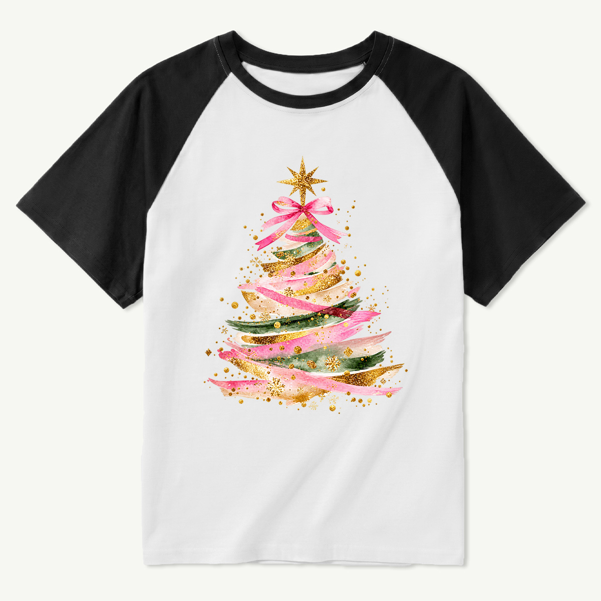 Pastel Ribbon Christmas Tree With Golden Star Raglan T-Shirt